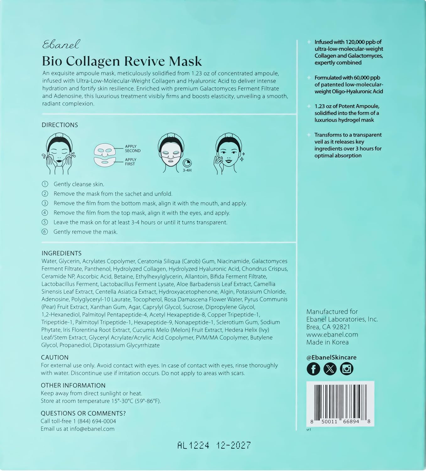 Masque visage bio au collagène, lot de 4 – Masques coréens hydratants pour une peau éclatante